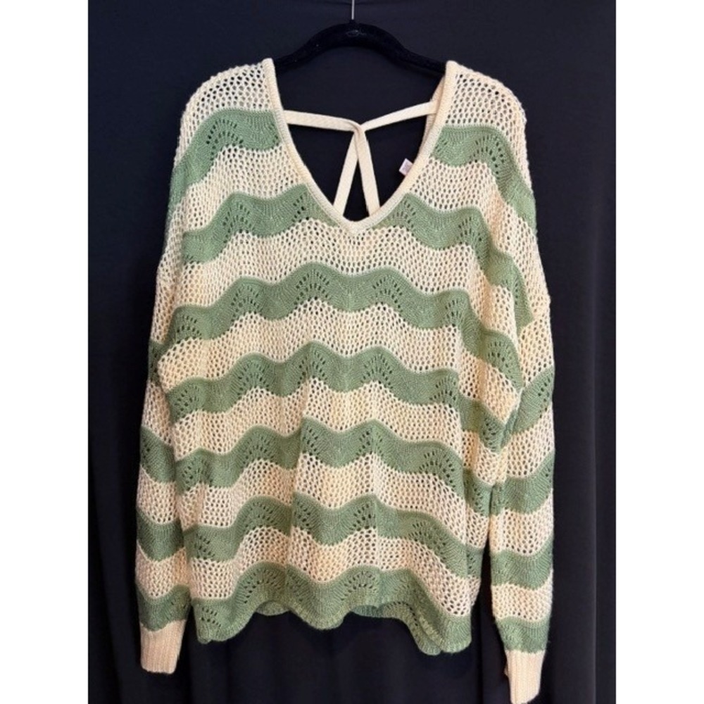 Women's Tan & Green Willow Root Wavy Striped Sweater W/Strappy Back Size L